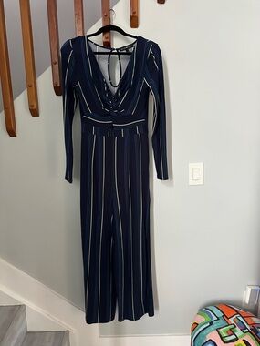 Derek Heart Navy and Ivory Striped Jumpsuit